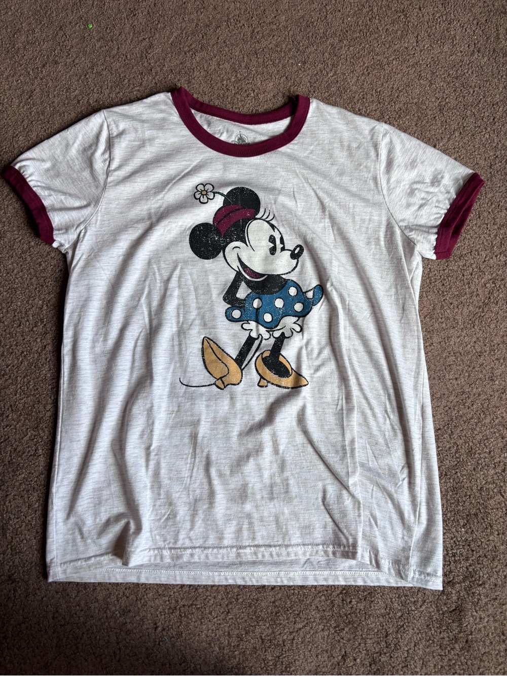 Disney White Minnie Mouse Ringer Tee with Burgundy Trim